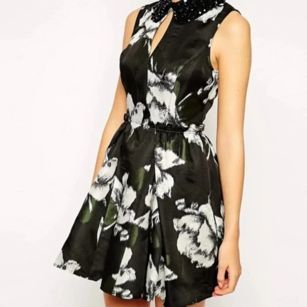 Asos Sleeveless Jewelled Collar Floral Fit And Flare Dress